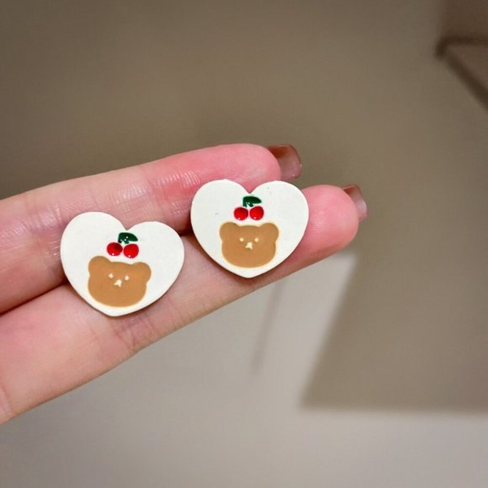 White Heart Cherry Bear Stud Earrings